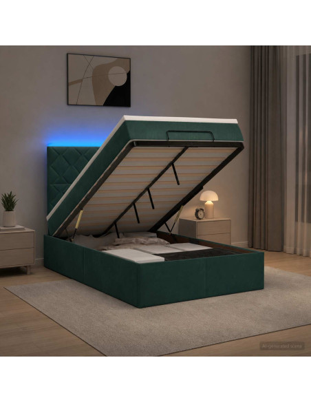 Letto Ottomano con Materasso e LED Verde Scuro 120 x 190 cm