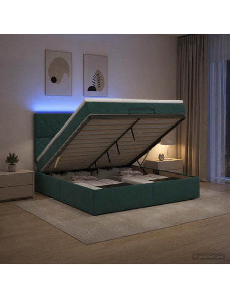 Letto Ottomano con Materasso e LED Verde Scuro 180 x 200 cm