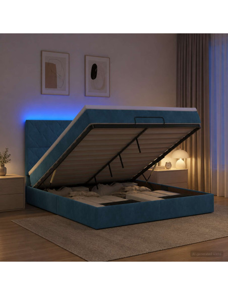 Letto Ottomano con Materasso e LED Blu scuro 160 x 200 cm