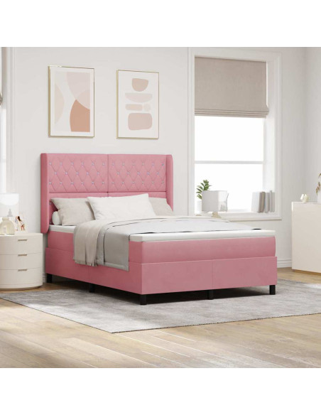 Letto a molle con materasso Rosa 140 x 190 cm Velluto