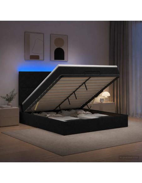 Letto Ottomano con Materasso e LED Nero 140 x 200 cm Tessuto