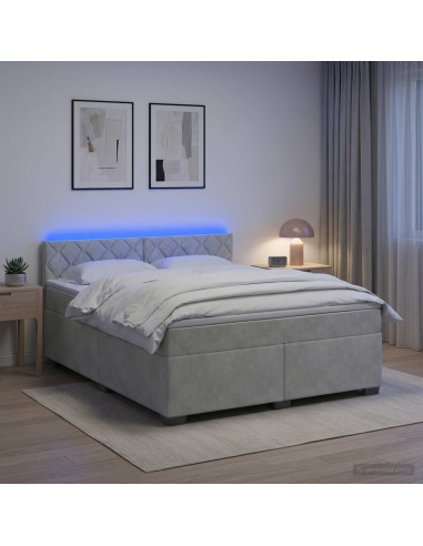 Letto con Box Spring, Materasso e LED Grigio Chiaro Velluto