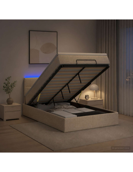 Letto Ottomano con Materasso e LED Crema 120 x 190 cm Tessuto