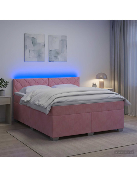 Letto con Box Spring, Materasso e LED Rosa 140 x 200 cm Velluto