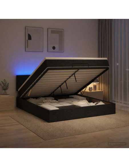 Letto Ottomano con Materasso e LED Nero 140 x 200 cm Tessuto
