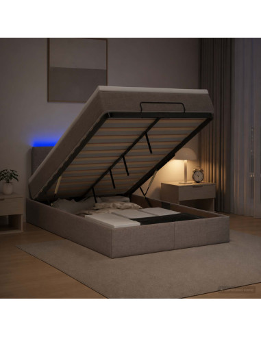 Letto Ottomano con Materasso e LED Tortora 120 x 190 cm Tessuto