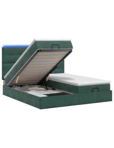 Letto Ottomano con Materasso e LED Verde Scuro 160 x 200 cm