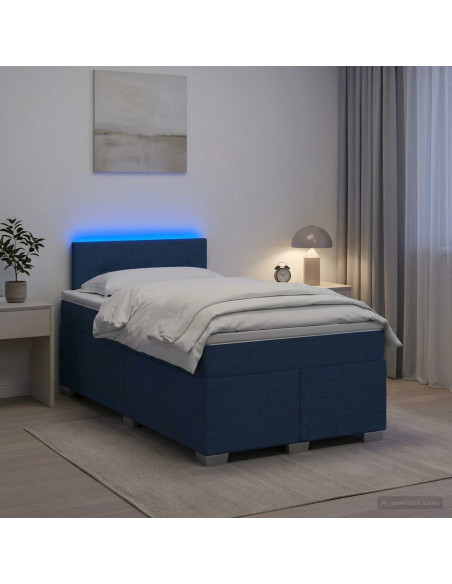 Letto con Box Spring, Materasso e LED Blu 120 x 190 cm Tessuto