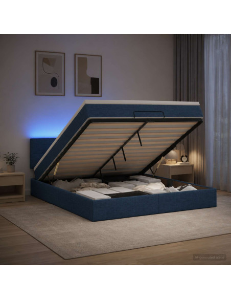 Letto Ottomano con Materasso e LED Blu 180 x 200 cm Tessuto