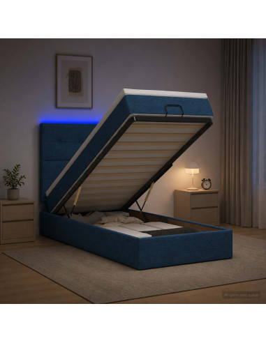 Letto Ottomano con Materasso e LED Blu 90 x 200 cm Tessuto
