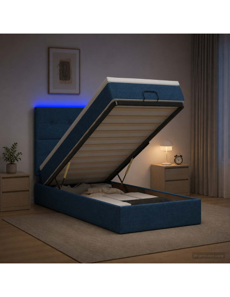 Letto Ottomano con Materasso e LED Blu 90 x 200 cm Tessuto