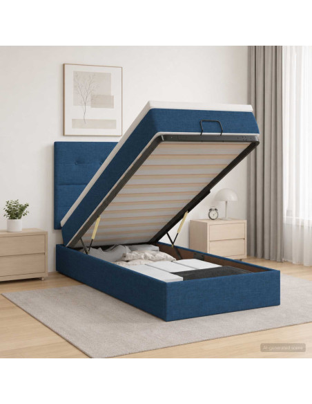 Letto Ottomano con Materasso e LED Blu 90 x 190 cm Tessuto