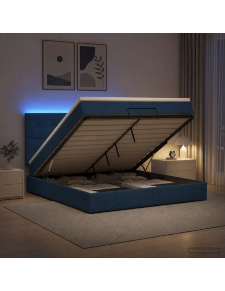 Letto Ottomano con Materasso e LED Blu 180 x 200 cm Tessuto