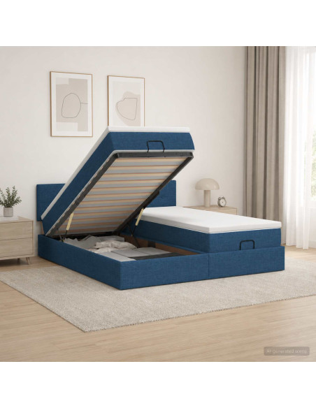 Letto Ottomano con Materasso e LED Blu 180 x 200 cm Tessuto