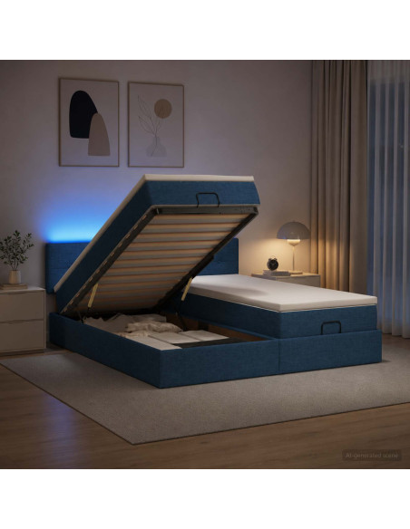 Letto Ottomano con Materasso e LED Blu 180 x 200 cm Tessuto