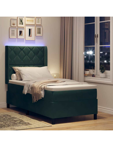 Letto a molle con strisce LED Verde Scuro 100 x 200 cm Velluto
