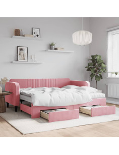Divano Letto Estraibile con Cassetti Rosa 90x200 cm Velluto
