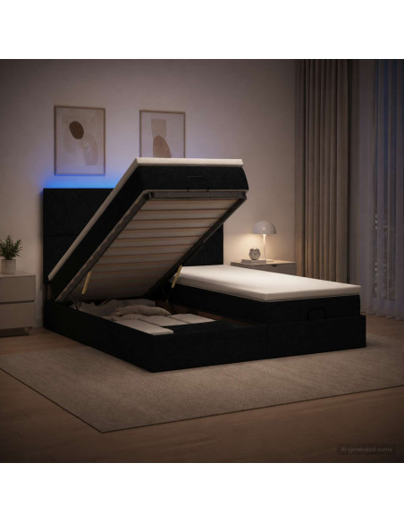 Letto Ottomano con Materasso e LED Nero 160 x 200 cm Tessuto