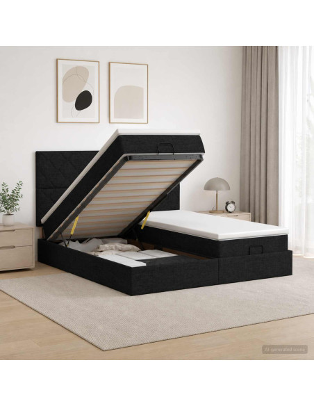 Letto Ottomano con Materasso e LED Nero 160 x 200 cm Tessuto