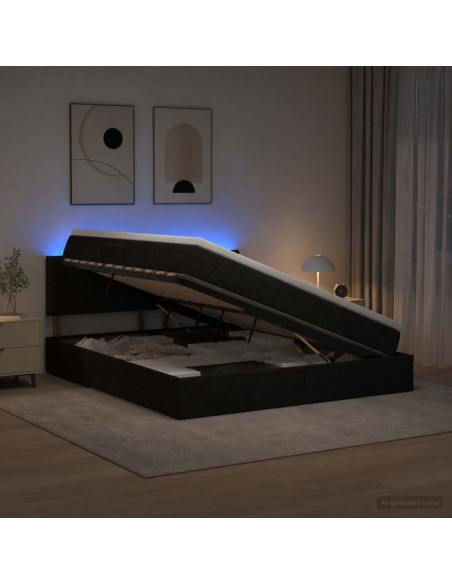 Letto con contenitore LED e materasso Nero 160 x 200 cm Tessuto