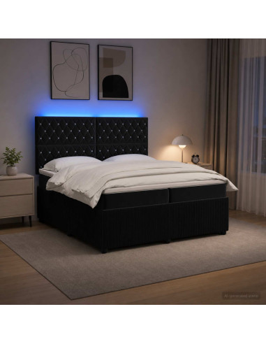 Letto Box Spring LED con Materasso Nero 200 x 200 cm Velluto