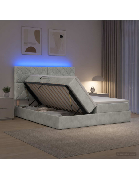 Letto con contenitore LED e materasso Grigio Chiaro