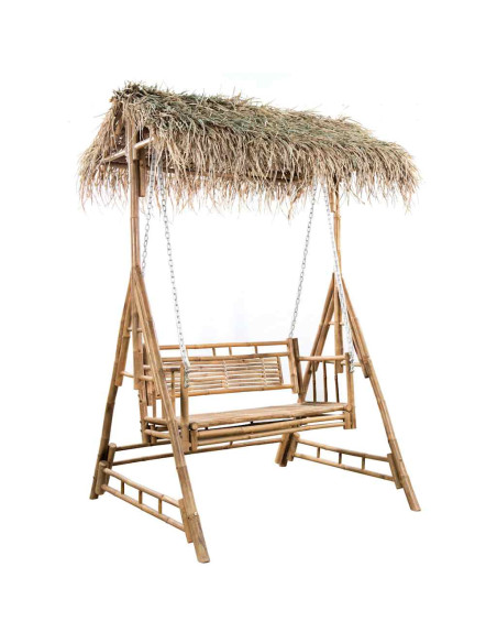 Dondolo da Giardino 2 Posti Cuscini Foglie di Palma 202cm Bambù