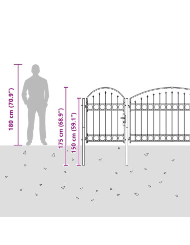 Cancello per recinzione da giardino ASSEN con parte superiore ad arco in acciaio 1,25x5 m Nero