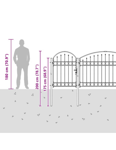 Cancello per recinzione da giardino ASSEN con parte superiore ad arco in acciaio 1,5x5 m Nero
