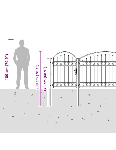 Cancello per recinzione da giardino ASSEN con parte superiore ad arco in acciaio 1,5x5 m Nero
