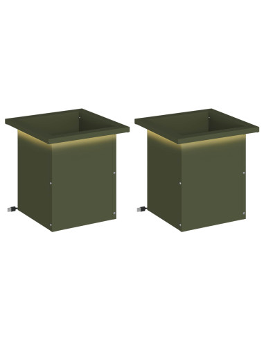 Fioriera da giardino con LED 2 pz Verde Oliva 30 x 30 x 30 cm