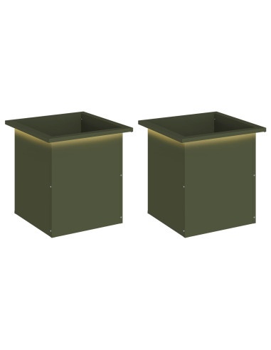 Fioriera da giardino con LED 2 pz Verde Oliva 40 x 40 x 40 cm