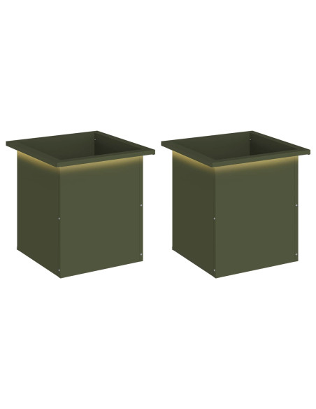 Fioriera da giardino con LED 2 pz Verde Oliva 40 x 40 x 40 cm