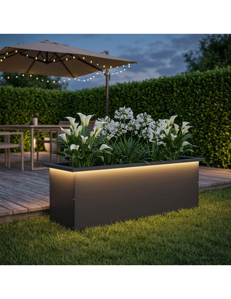 Fioriera da giardino con LED Nero 30 x 100 x 30 cm Acciaio