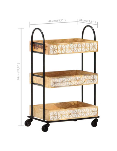 Carrello da Cucina a 3 Livelli 46x30x76 cm in Massello di Mango