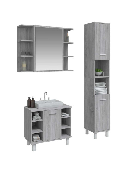 Set Mobili da Bagno 3 pz Grigio Sonoma in Legno Multistrato