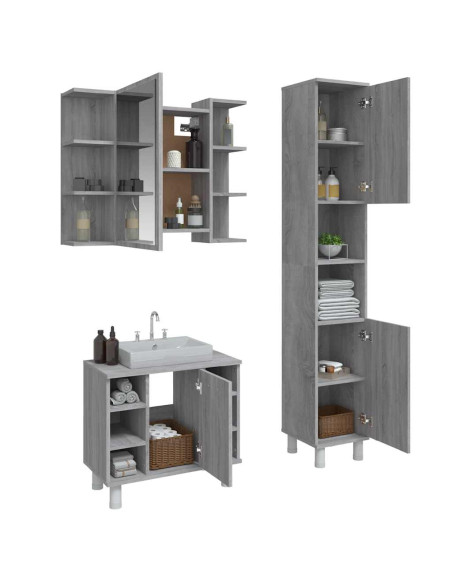 Set Mobili da Bagno 3 pz Grigio Sonoma in Legno Multistrato