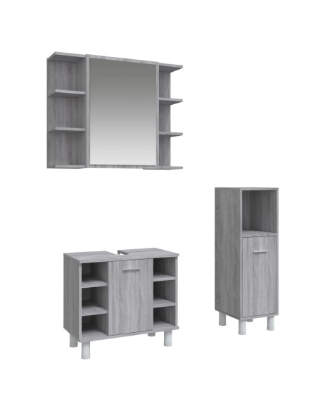 Set Mobili da Bagno 3 pz Grigio Sonoma in Legno Multistrato