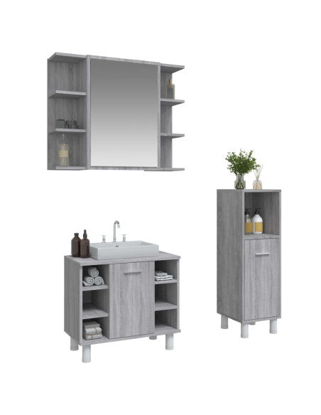 Set Mobili da Bagno 3 pz Grigio Sonoma in Legno Multistrato