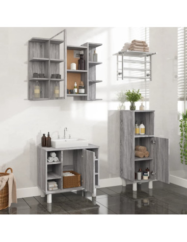 Set Mobili da Bagno 3 pz Grigio Sonoma in Legno Multistrato
