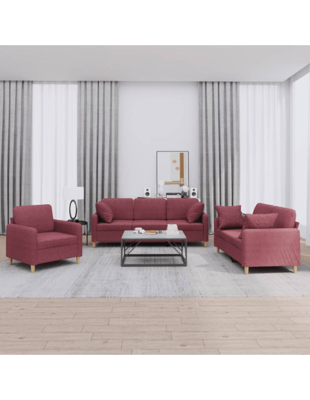 Set di Divani 3 pz con Cuscini Rosso Vino in Tessuto