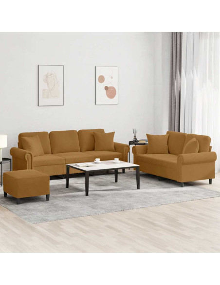 Set di Divani 3 pz con Cuscini Marrone in Velluto