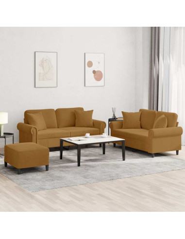 Set di Divani 3 pz con Cuscini Marrone in Velluto