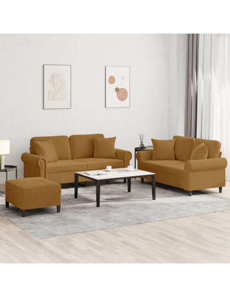 Set di Divani 3 pz con Cuscini Marrone in Velluto