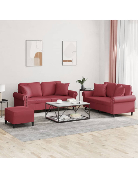 Set di Divani 3 pz con Cuscini Rosso Vino in Similpelle