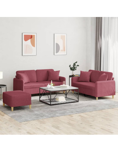 Set di Divani 3 pz con Cuscini Rosso Vino in Tessuto