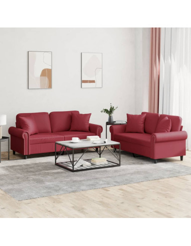 Set di Divani 2 pz con Cuscini Rosso Vino in Similpelle