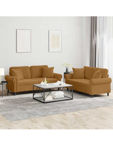 Set di Divani 2 pz con Cuscini Marrone in Velluto
