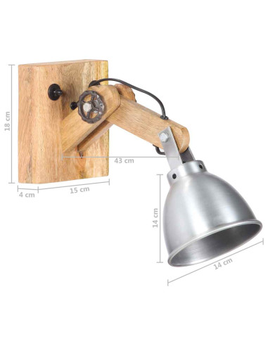 Lampada da Parete E27 Argento Legno Massello di Mango e Ferro