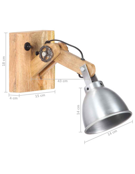 Lampada da Parete E27 Argento Legno Massello di Mango e Ferro